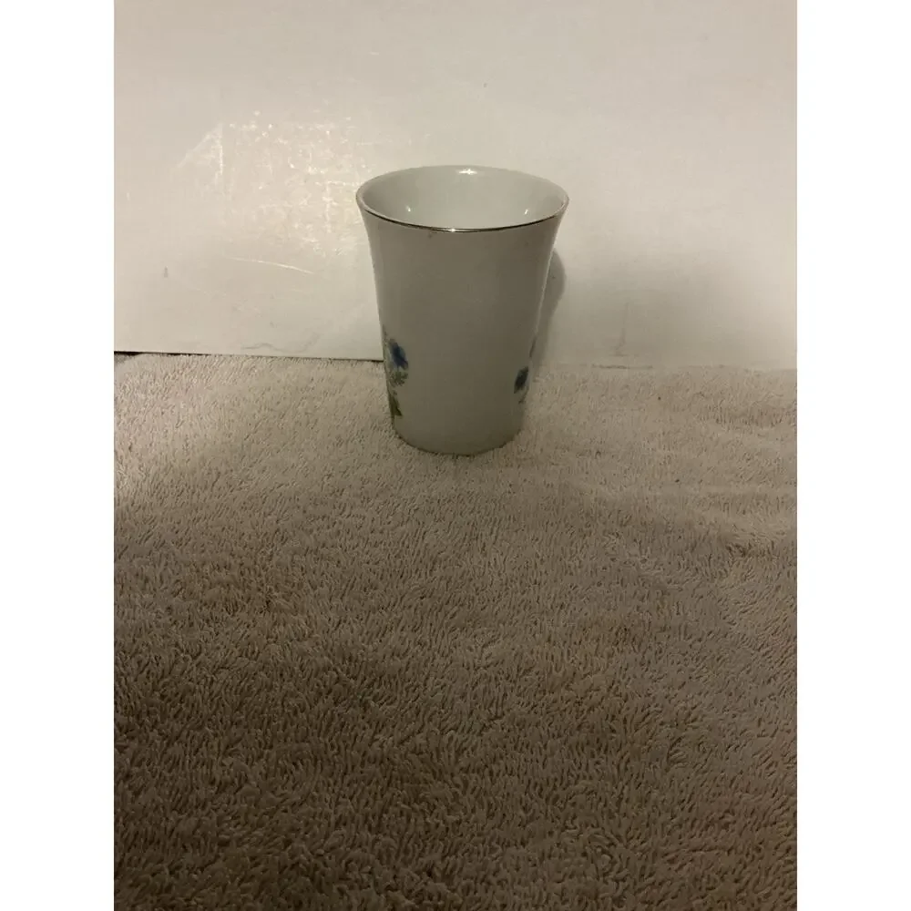 Vintage Porcelain Tumbler Bath Cup Holder Floral Blue Small Gold Rim
